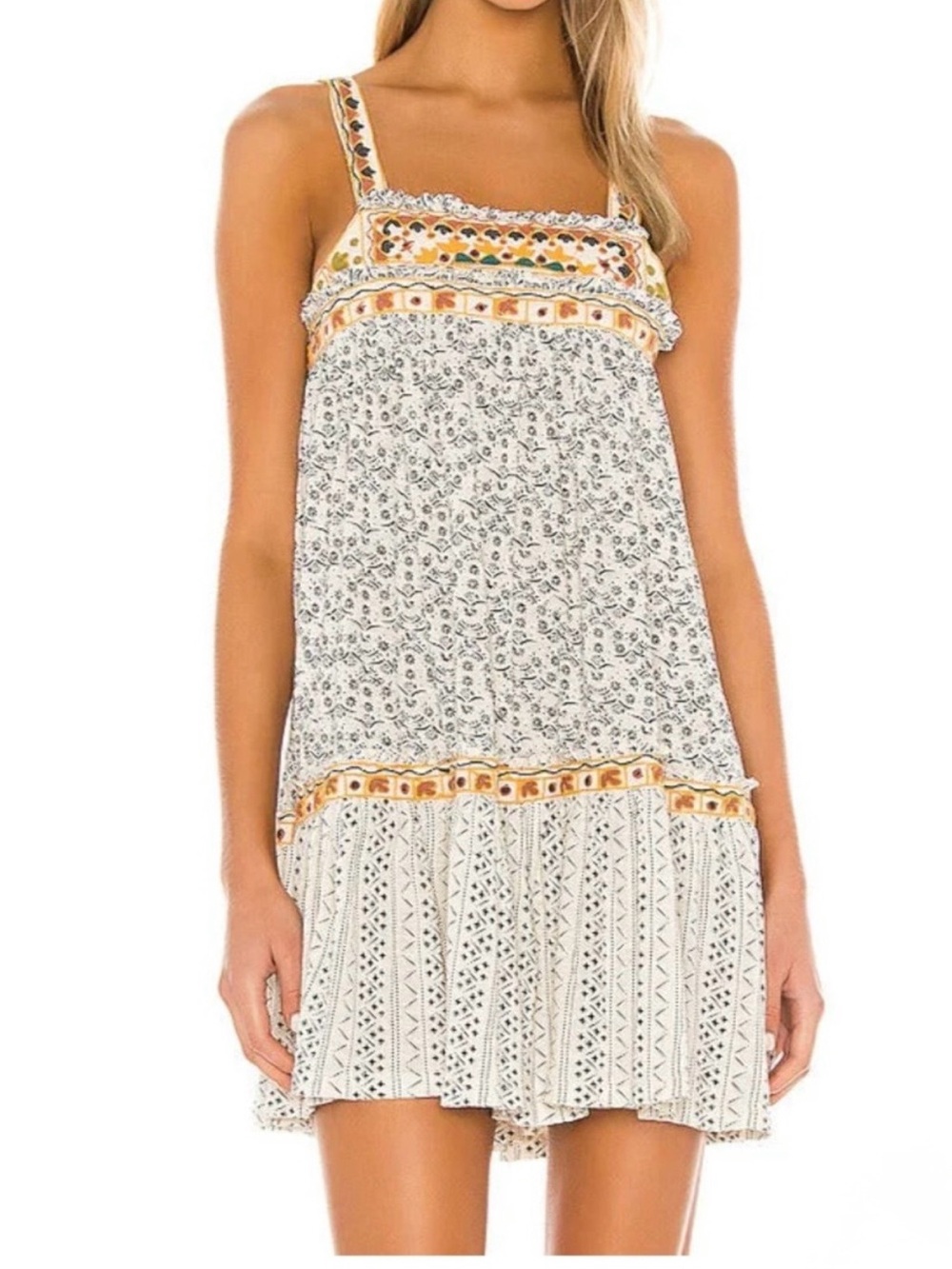 Free People Boarderline Embroidered Mini Tank Dress with Tie Up Back